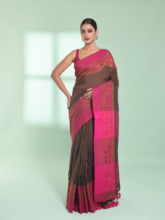 Brown Cotton Saree With Zari Border-MA59CT06530052