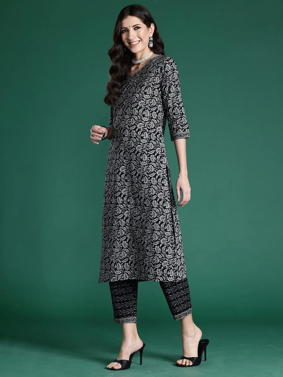 Indo Era Black Printed Straight Kurta Trousers With Dupatta set