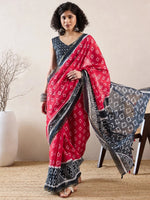 Ahika Women Red Linen Ikat Printed Saree-VFSAR1019