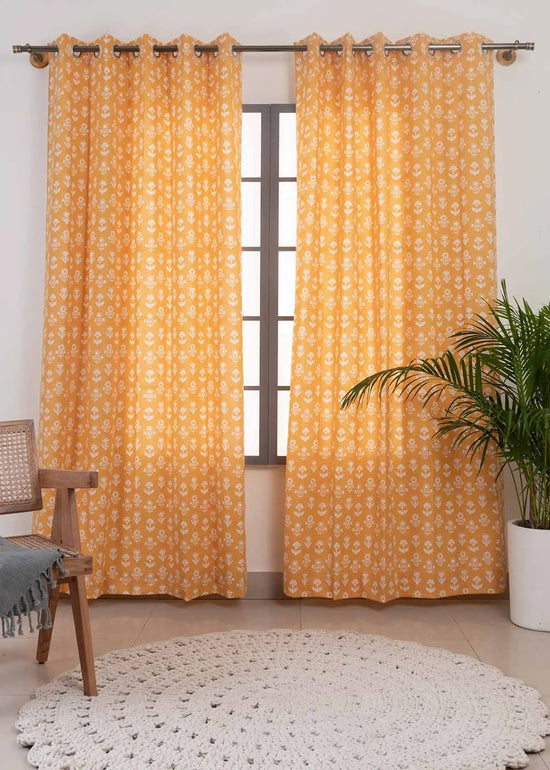 Dahlia 100% cotton floral curtain for living room - Room darkening - Mustard - Pack of 1 - Pack of 1-230423013