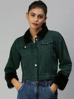 Women's Green Solid Denim Jacket Jackets-AE-999155-Greenblack