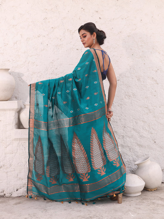 Teal Cotton Saree With Zari Border-MA54BCT041380037