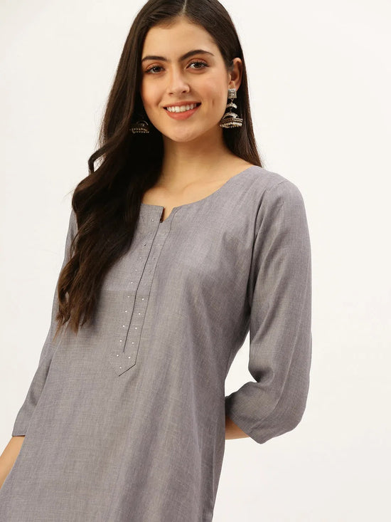 Women's Grey Embellished Straight Kurtas-SKC-2010-Grey