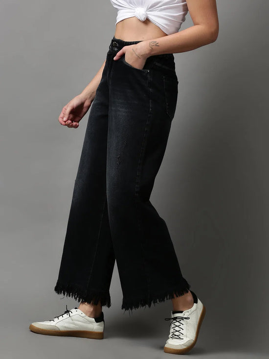 Women's Black Solid Wide Leg Denim Jeans-IM-9772-Black