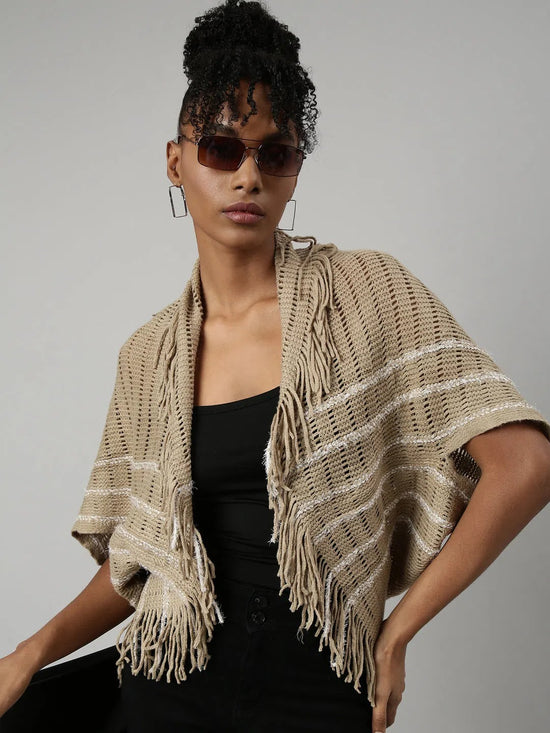 Women Striped Khaki Longline Poncho-CHN-9661-3-Khaki