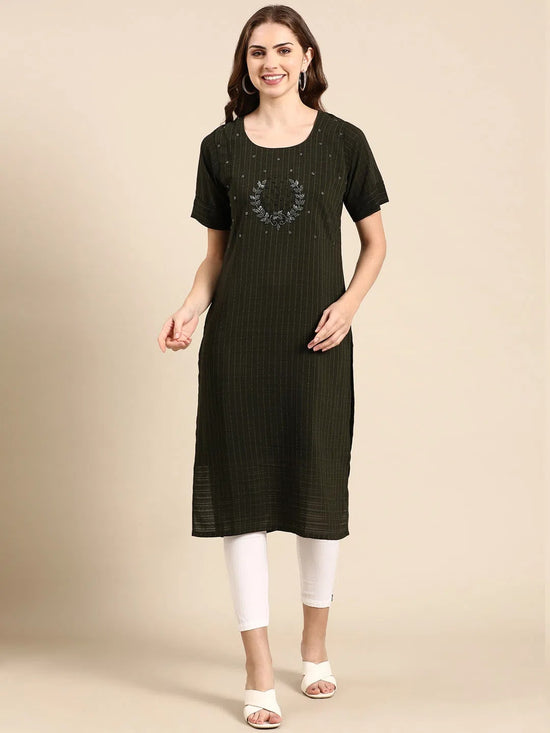 Women's Olive Embellished Straight Kurta-SKC-1135-Olive