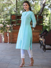 Juniper Womens Seagreen cotton slub embroidered straight kurta