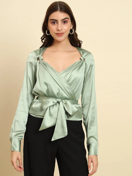 Green Satin Knot Detail Top