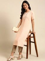 Women's Peach Printed Straight Kurta-SKC-842-Peach