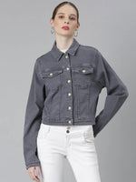 Women Grey Solid Denim Jacket-IM-10714-Grey