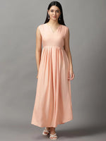 Women's Peach Solid Fit and Flare Dress-AE-15750-Peach