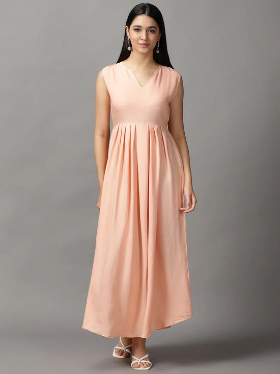 Women's Peach Solid Fit and Flare Dress-AE-15750-Peach