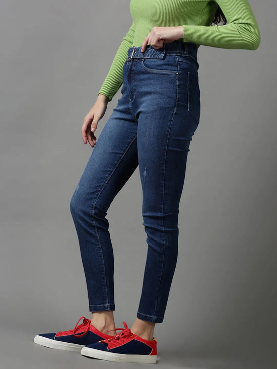 Women's Blue Solid Slim Fit Denim Jeans-IM-9890-Blue