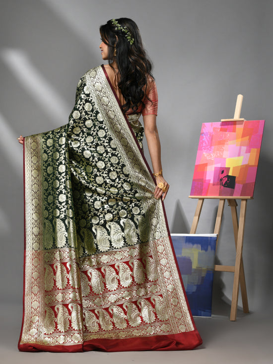 Dark Green Silk Banarasi Saree With Zari Woven Floral And Paisley Designs-MA52BSL441050056