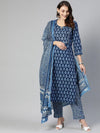 Ahika Women Blue Cotton Printed Straight Kurta Pyjamas Set