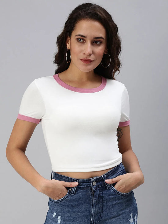 Women's White Solid Crop Top-PC-2068-White