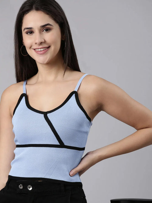 Shoulder Straps Solid Sleeveless Blue Crop Tank Top-TD-1756-1-Blue