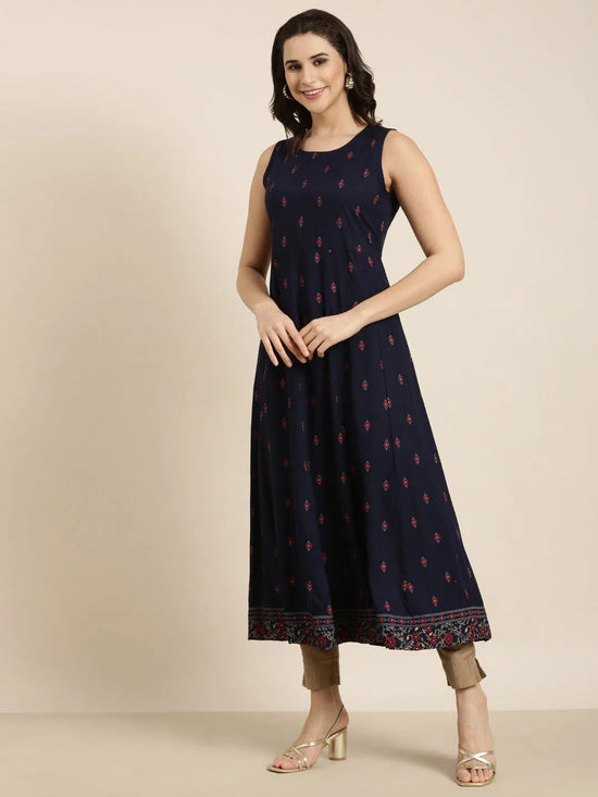 Women Anarkali Navy Blue Floral Kurta Comes With Overcoat-AT-JK-1158-Navyblue