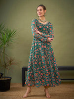 Women Teal Green Floral Anarkali Kurta