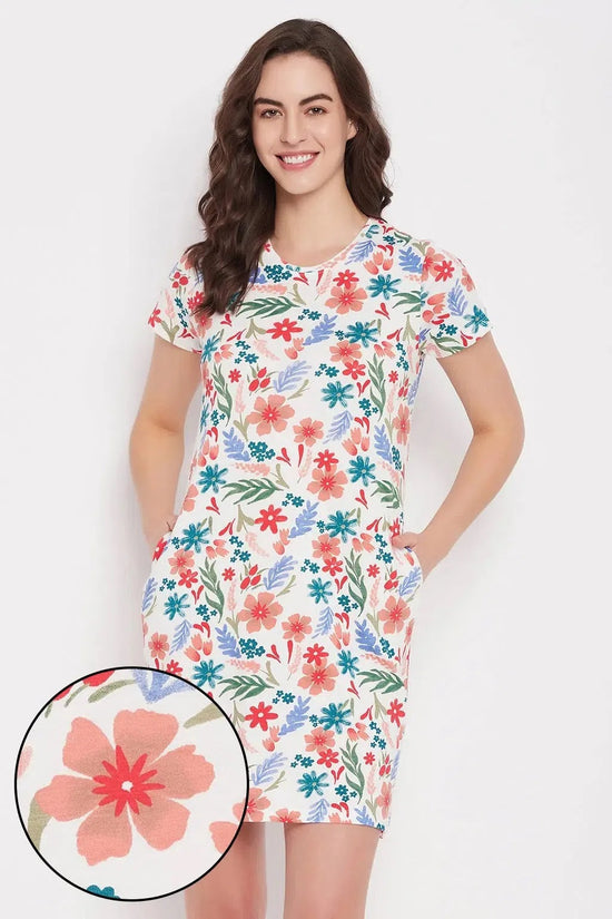 Clovia Pretty Florals Short Night Dress in White - 100% Cotton