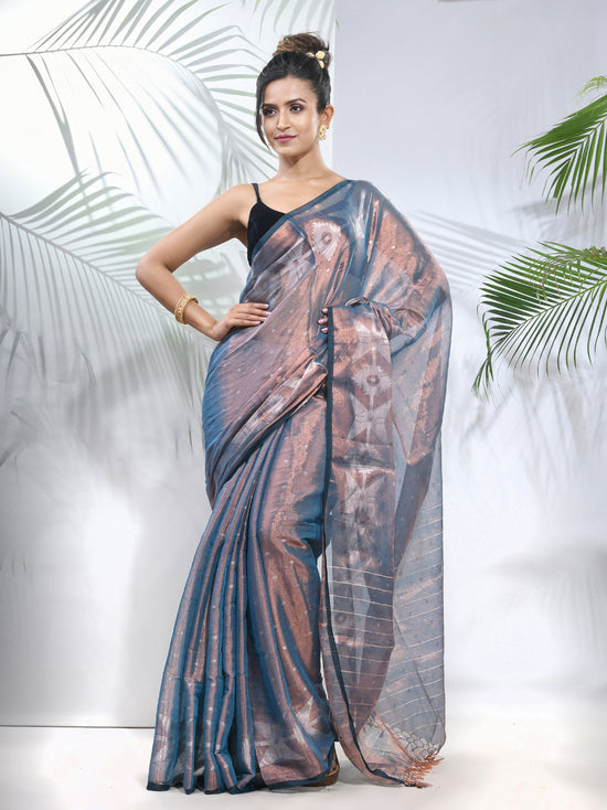 Blue Polka Dots Tissue Saree With Stripes Pallu-MA56TIS33830032