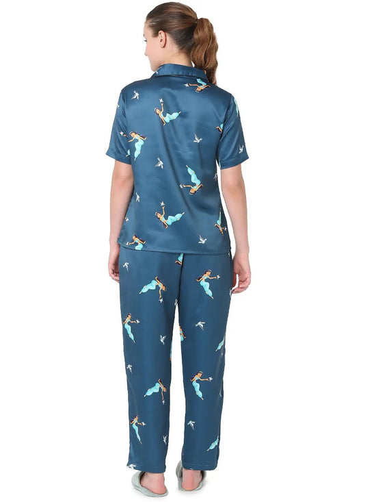 Smarty Pants Women's Silk Satin Teal Blue Jasmine Print Night Suit