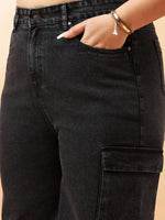 Women Black Acid Wash Side Pocket Detail Straight Jeans