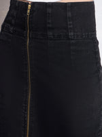 Women Black Denim Front Zipper Skirt