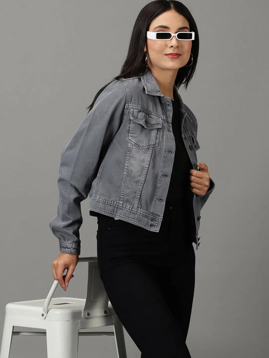 Women's Grey Solid Denim Jacket-IM-10440-Grey