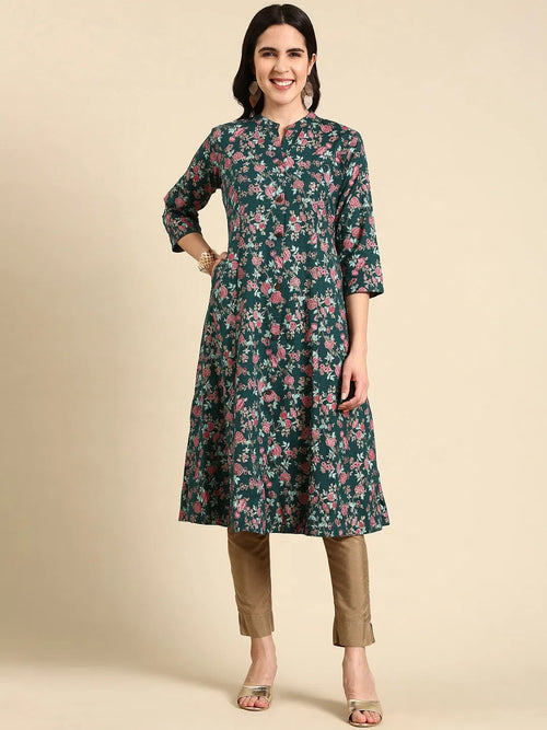 Women's Teal Printed A-Line Kurta-AT-A835-Teal