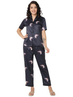 Smarty Pants Women's Silk Satin Teal Blue Color Moon Printed Night Suit