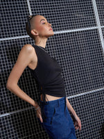 Women Black Rib Side Ruched Crop Top