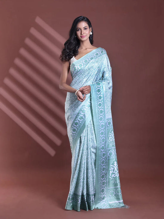 Mint Green Silk Soft Saree With Floral Print-MA60BSL01400068