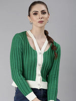 Women Green Self Design Cardigan-CHN-28732-Green