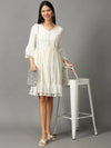 Women's White Solid Fit and Flare Dress-ON-1-Offwhite