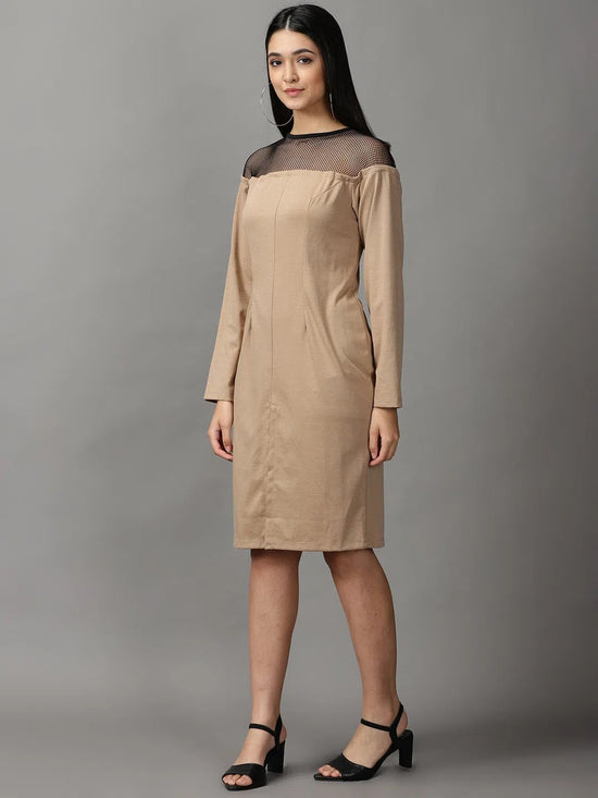 Women's Beige Solid Bodycon Dress-DQ-17-174-F-Beige