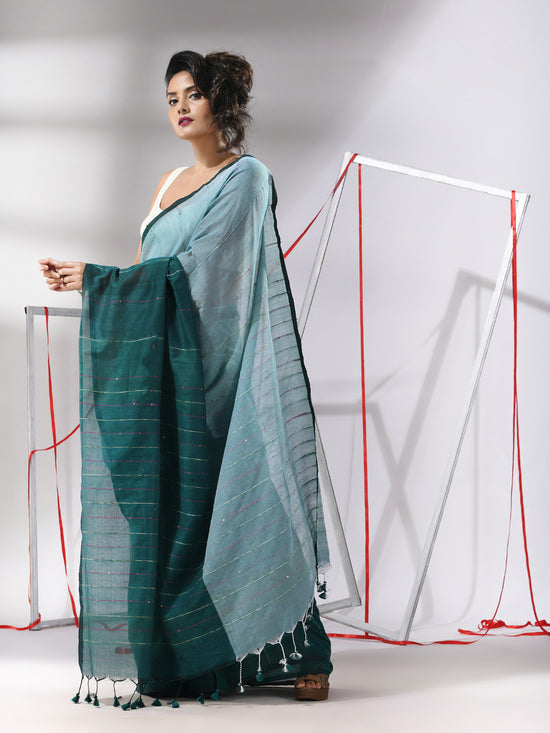 Teal Cotton Saree With Stripes Pattern Sequine Work-MA55CT06500129