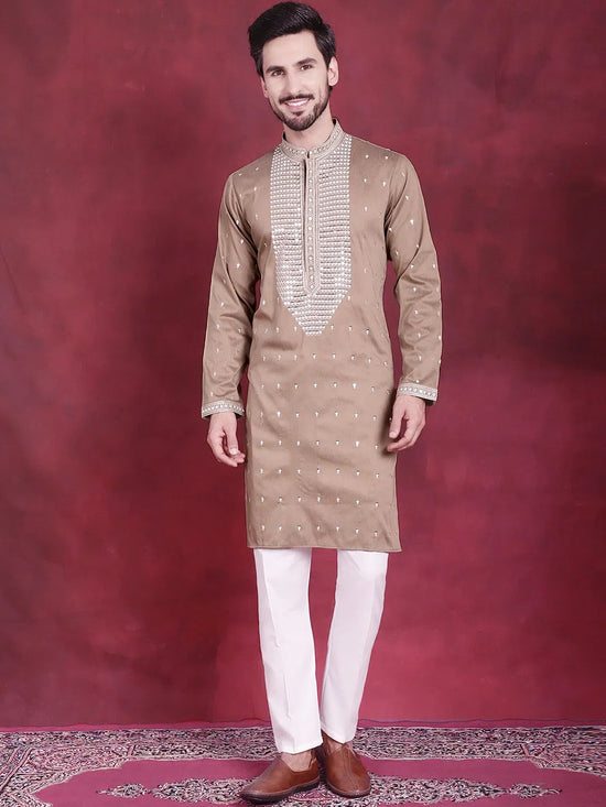 Men's Sequins Embroidered Kurta Pyjama Set.-JOKP-5019Beige