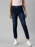 Women's Navy Blue Solid Jogger Denim Jeans-JO-22046-Navyblue