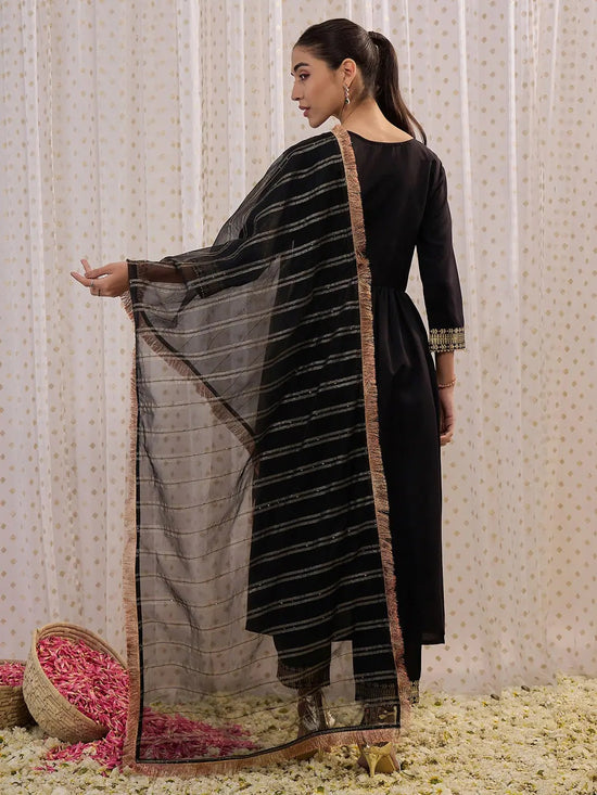 Indo Era Black Yoke Design A-Line Kurta Trousers With Dupatta set