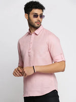 Men Pink Solid Shirt Collar Casual Short Kurta-LAGOM-2014-Pink