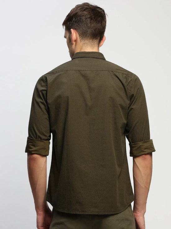 Men Green Striped Shirt-HEPTAGON-1780-Olive