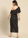 One Shoulder yoke overlap printed dress in Black