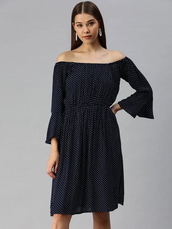 Women's Blue Printed Empire Dress-AE-9888-Navyblue