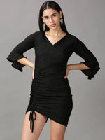 Women's Black Solid Wrap Dress-SRA-1335-Black