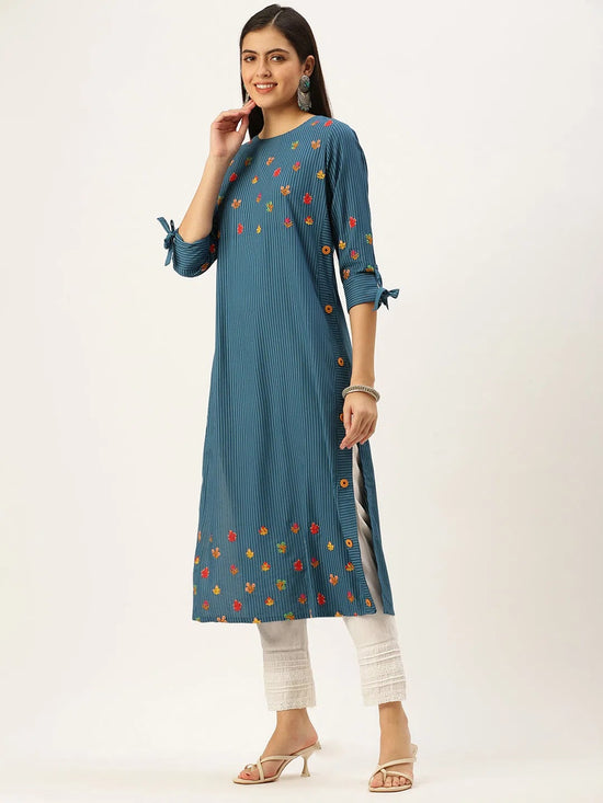 Women's Blue Embroidered Straight Kurtas-GW-486-Blue