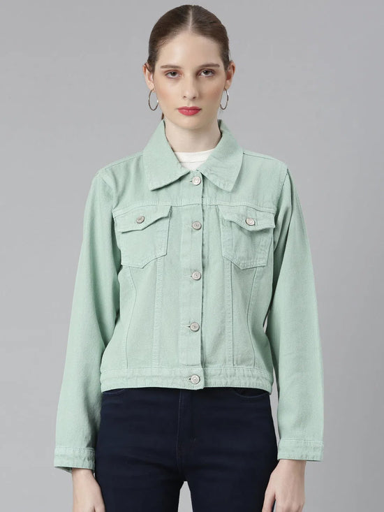 Women Sea Green Solid Denim Jacket-GZ-5598-1-Seagreen