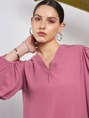 Women Pink Puff Sleeves V-Neck Blouse