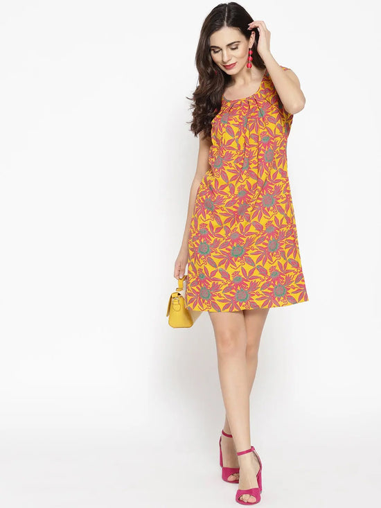 Pleated neck mini Shift Dress with print in Mustard