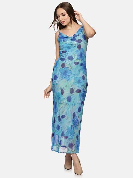 Floral Blue Cowl Neck Slip Dress-17365